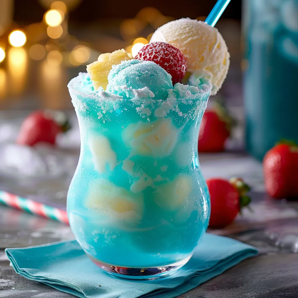 A blue drink with strawberries and raspberries.