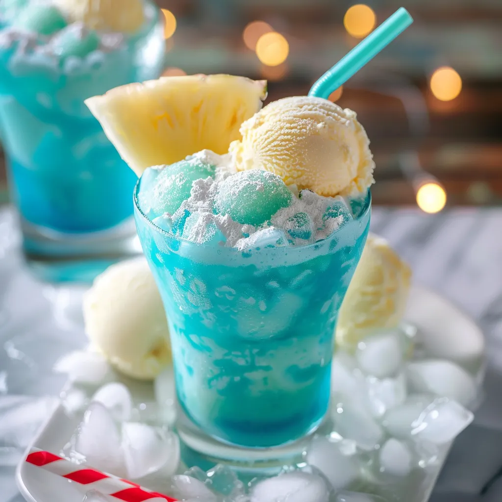 A blue drink with a pineapple wedge and ice.