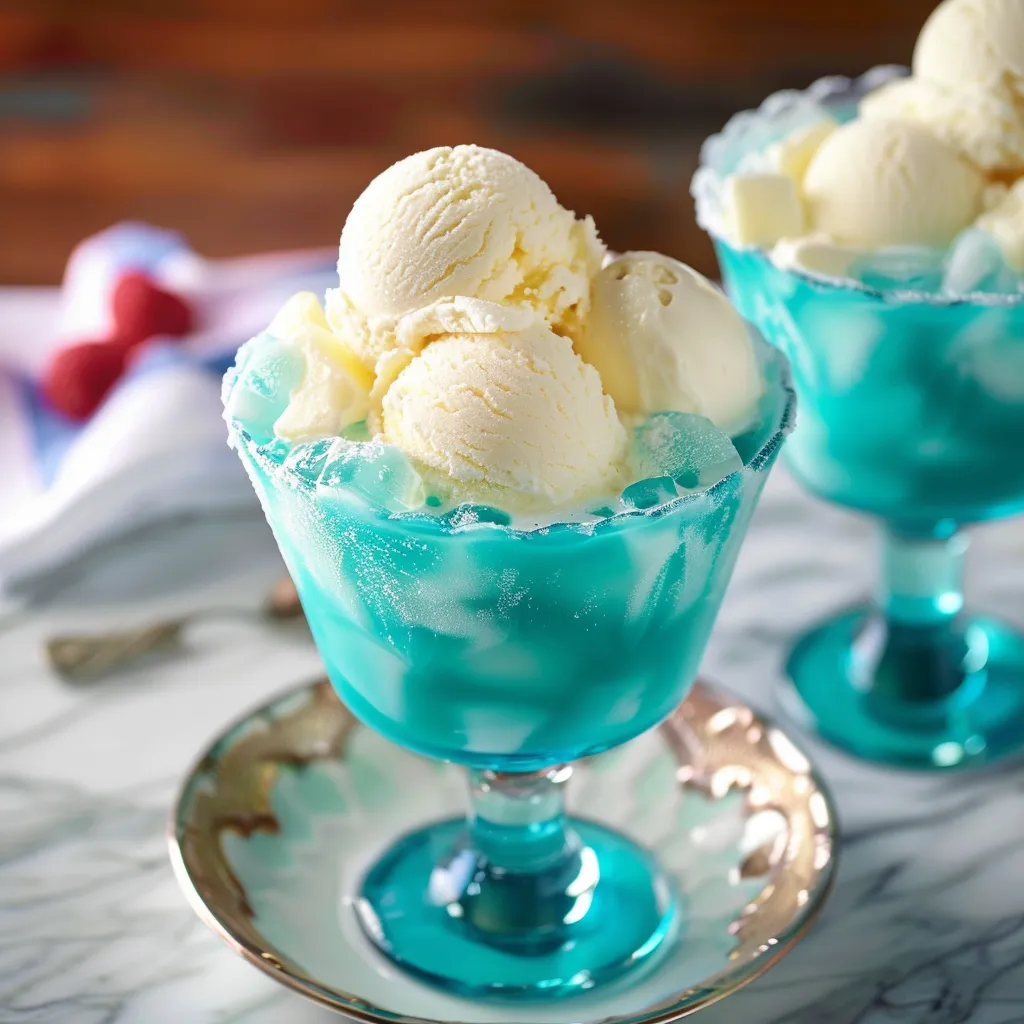 Two blue glasses filled with ice cream.