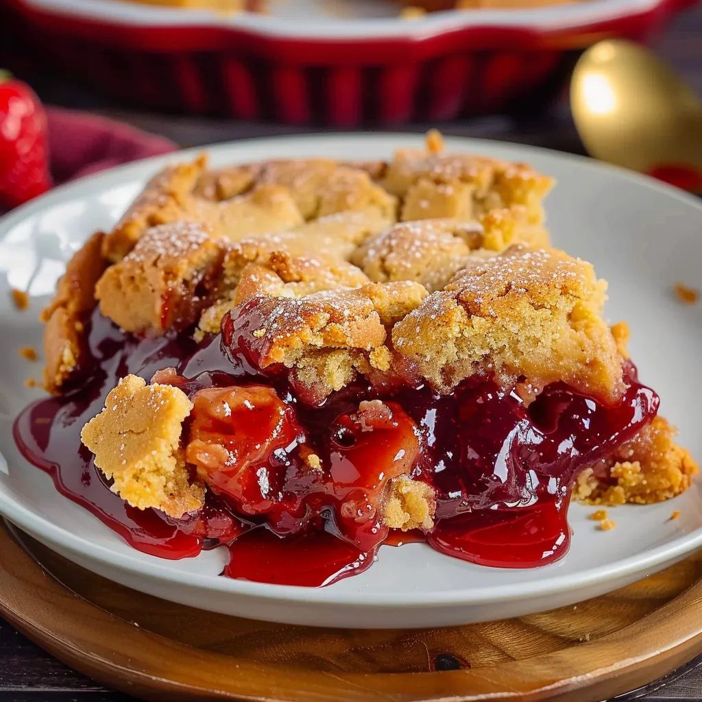 A slice of pie with strawberries and a drizzle of sauce.