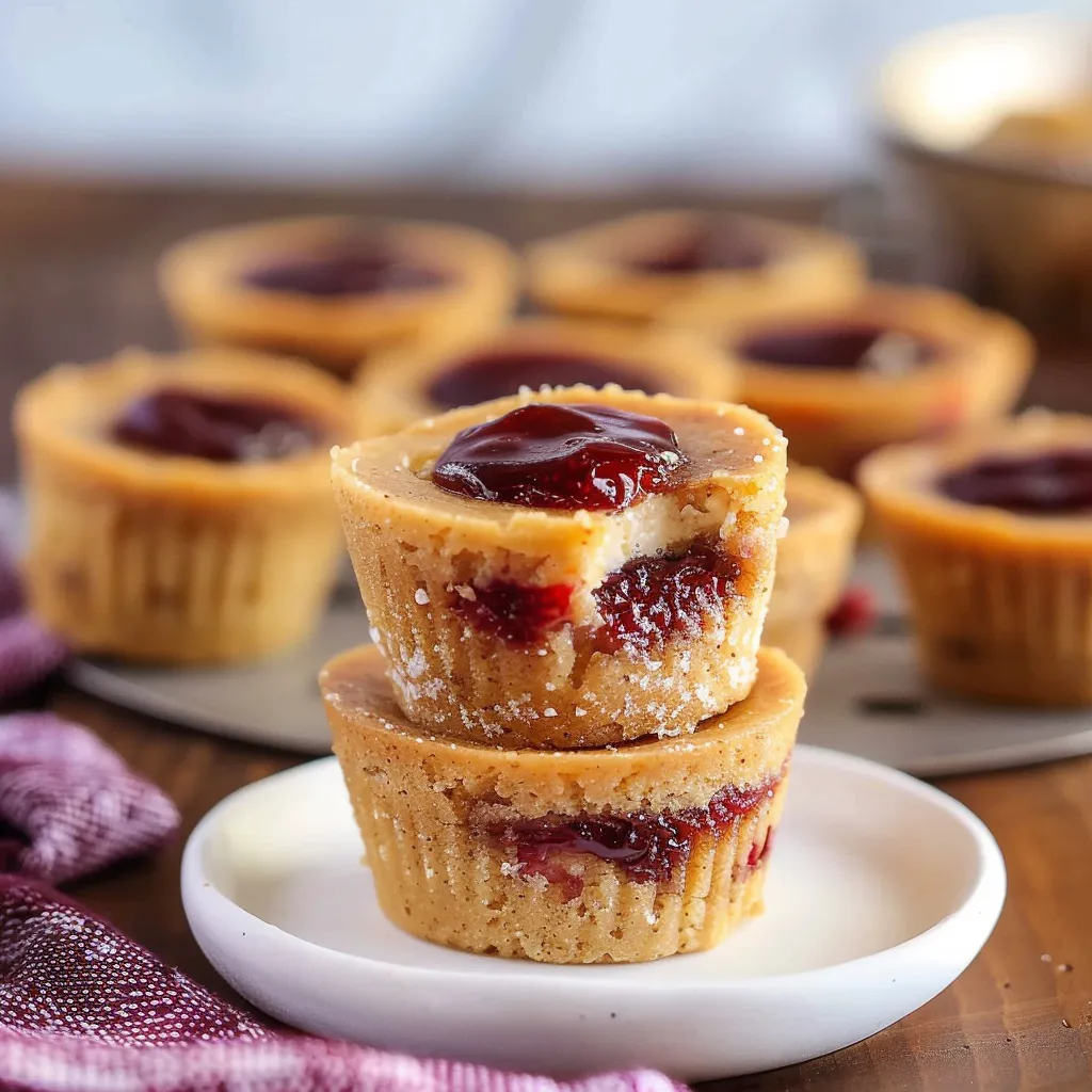 A plate of cupcakes with jam in the middle.