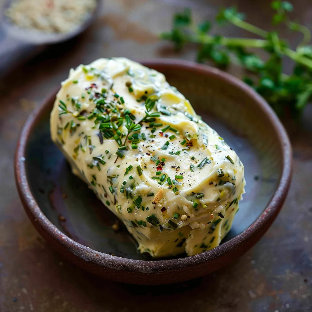 A bowl of butter with herbs on top.