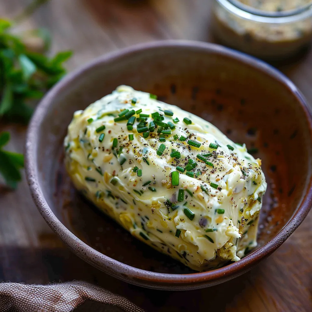 A bowl of butter with herbs on top.