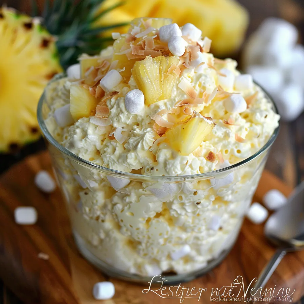 A glass bowl filled with pineapple and coconut.