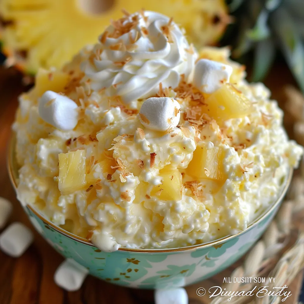 A bowl of whipped cream with pineapple chunks on top.