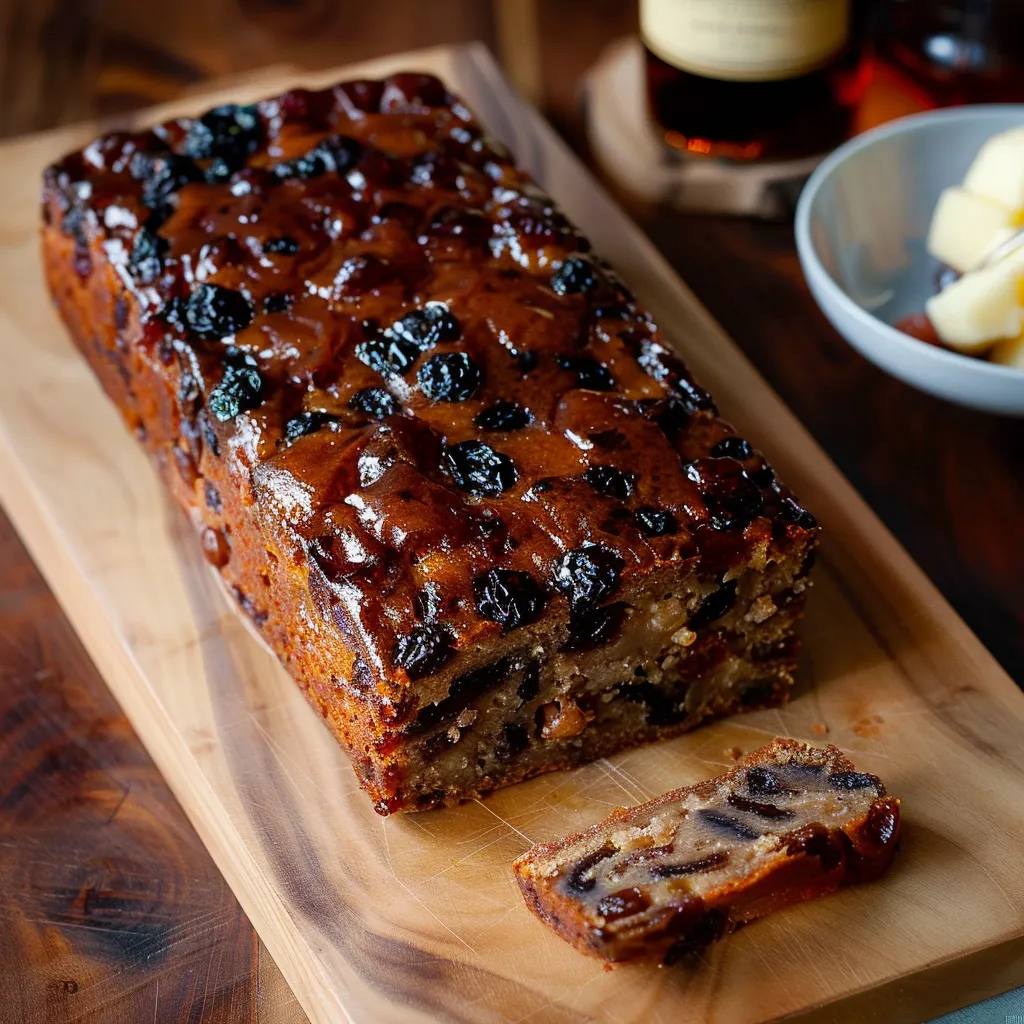 A loaf of bread with fruit on top.