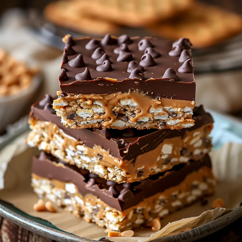 A stack of chocolate bars with peanut butter and marshmallows.