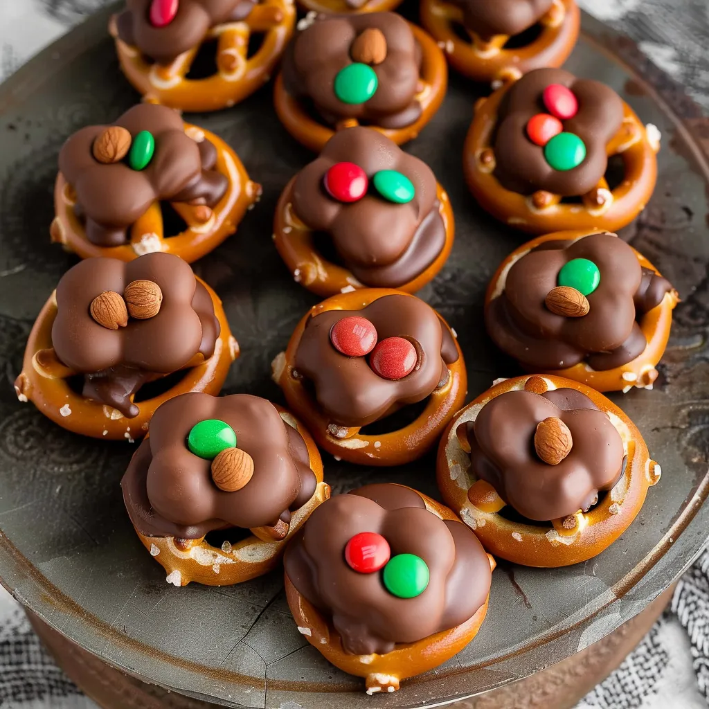 A plate of chocolate covered pretzels with green and red toppings.