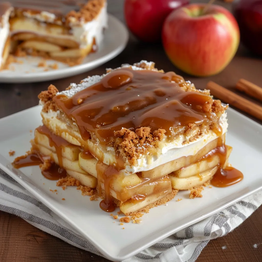A stack of apple pie with caramel sauce.