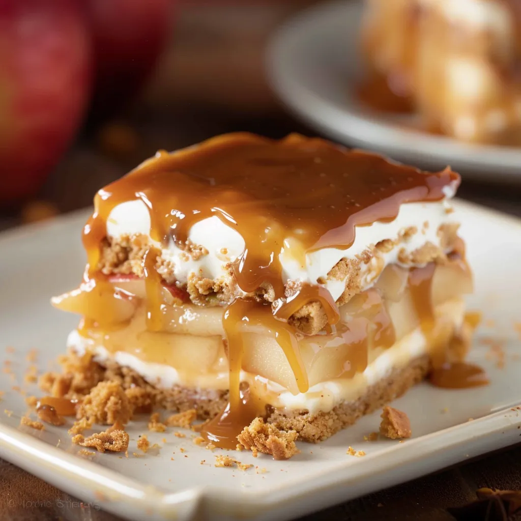 A piece of pie with caramel sauce on top.