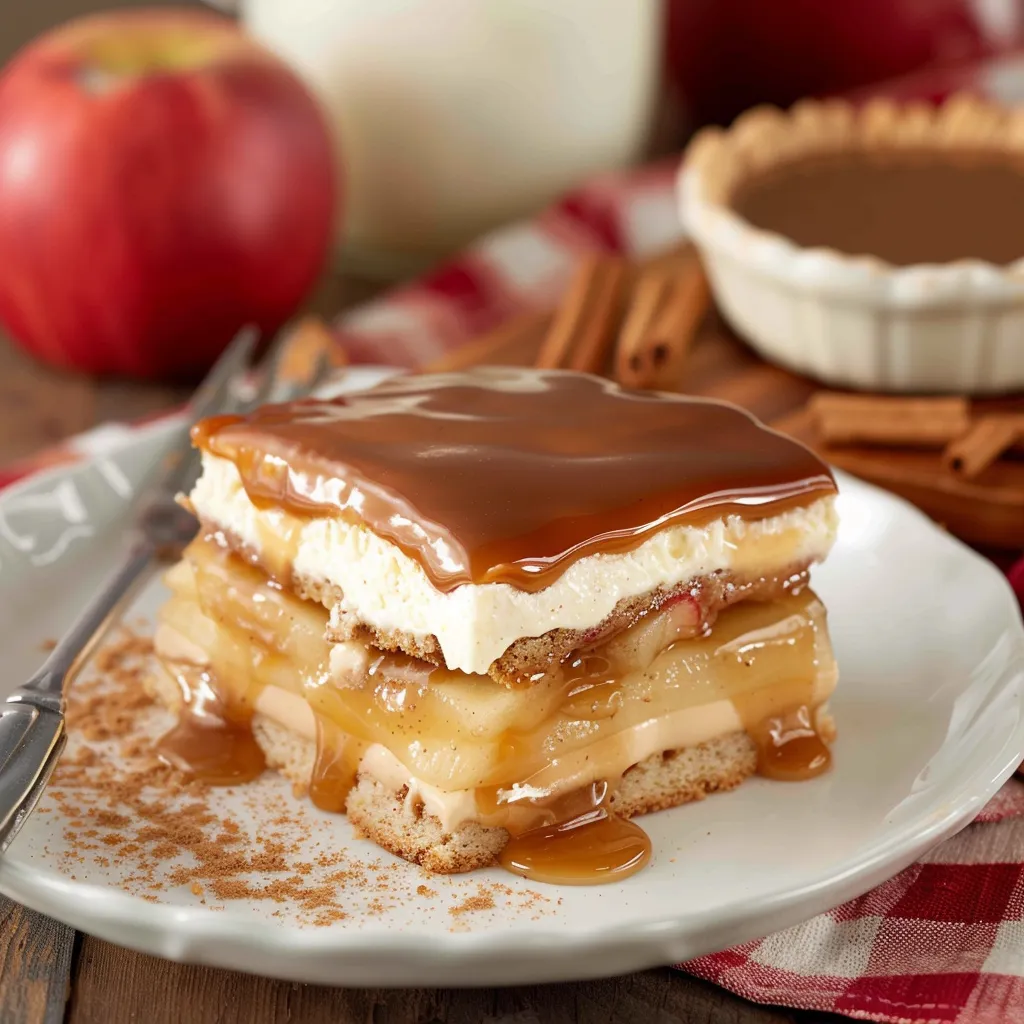 A slice of pie with caramel sauce on top.