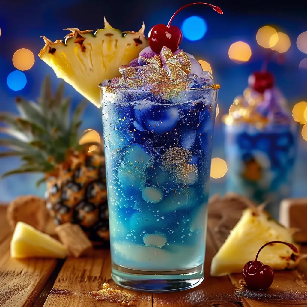A blue drink with pineapple and cherries.