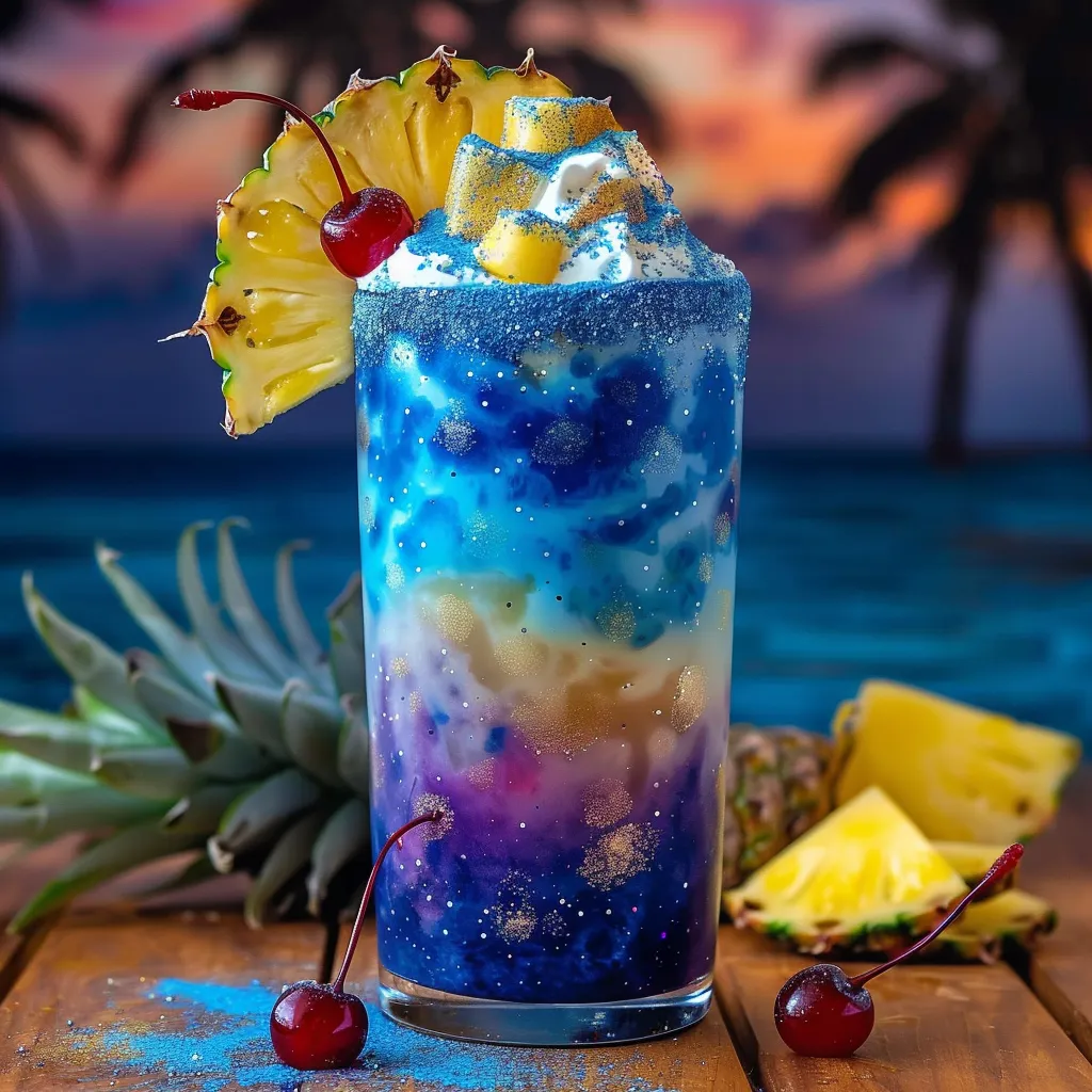 A blue drink with pineapple and cherry toppings.
