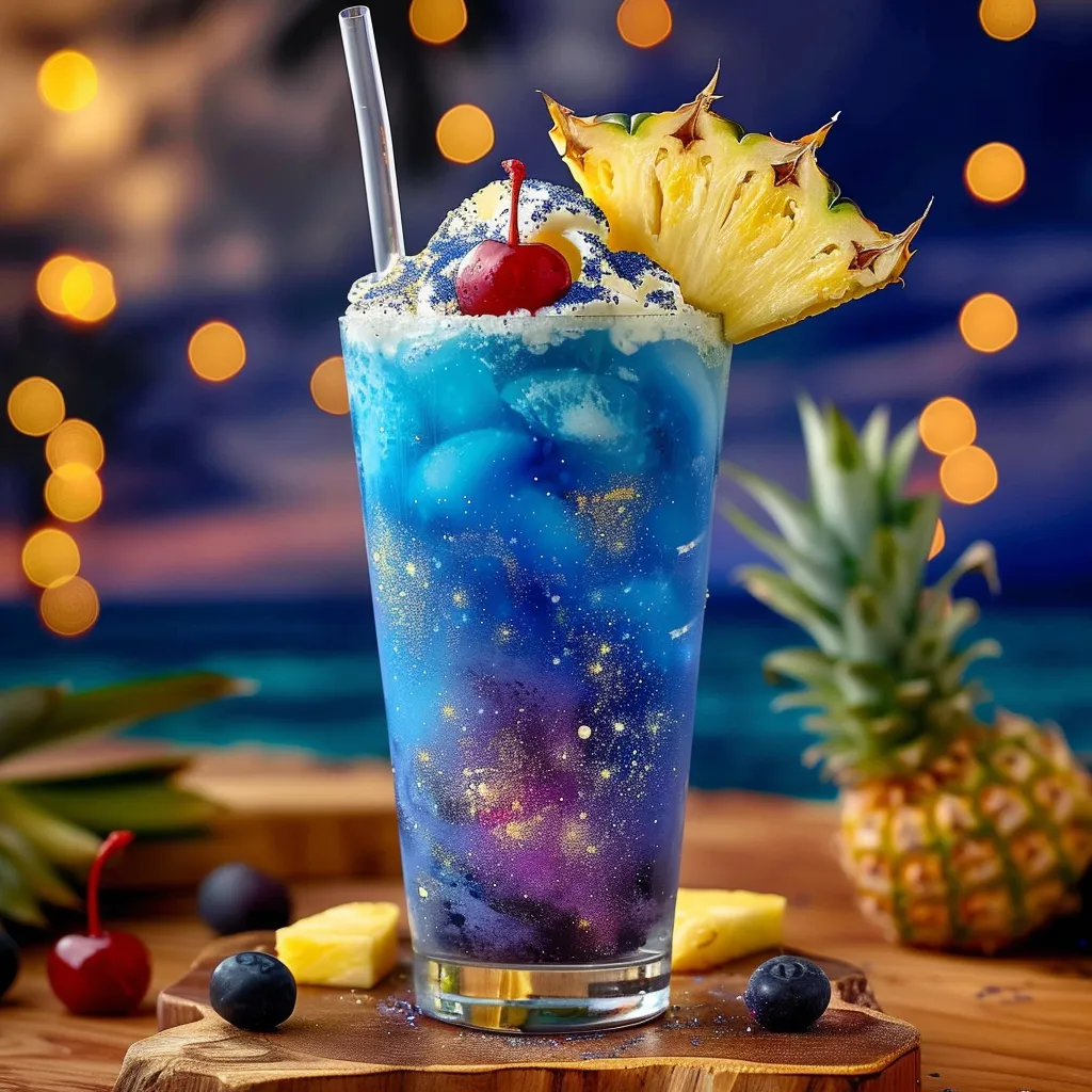 A blue drink with a pineapple wedge and cherry on top.