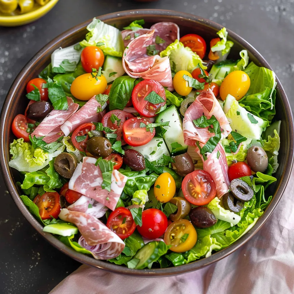 A bowl of salad with tomatoes, lettuce, and ham.