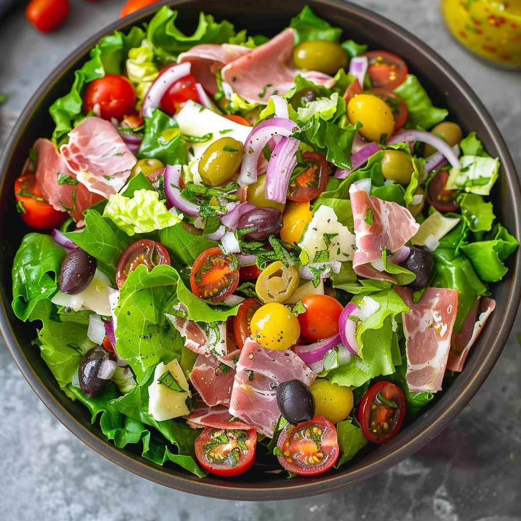 A bowl of salad with tomatoes, onions, olives, and ham.