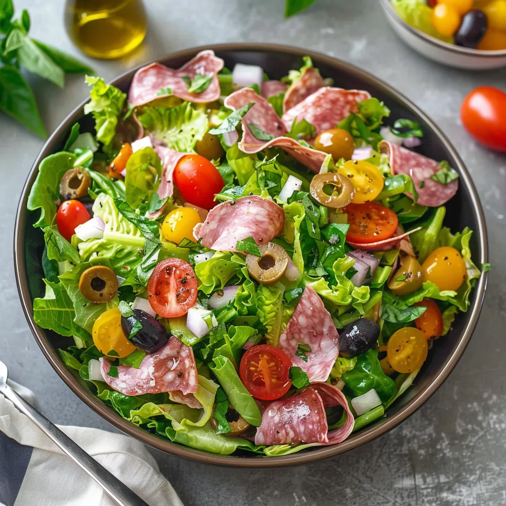 A bowl of salad with meat and vegetables.
