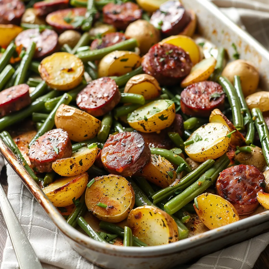 A pan of food with potatoes, green beans, and sausage.