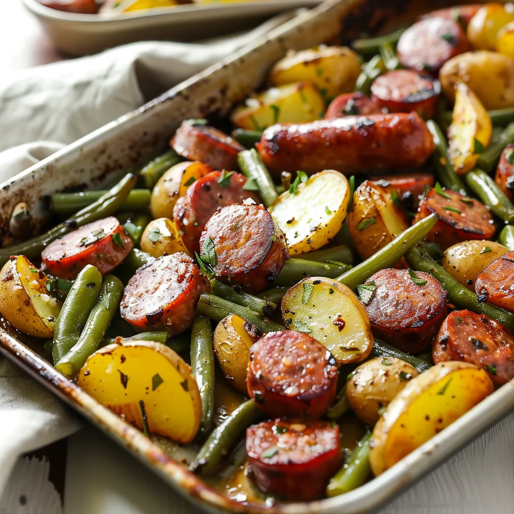 A pan of food with sausage, potatoes, and green beans.
