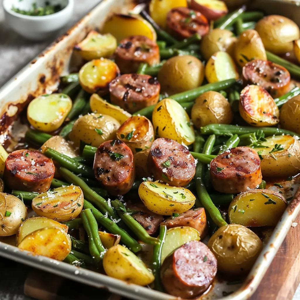 A pan of food with sausage, potatoes, and green beans.