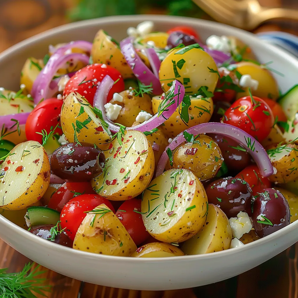 A bowl of vegetables with potatoes, tomatoes, onions, and olives.