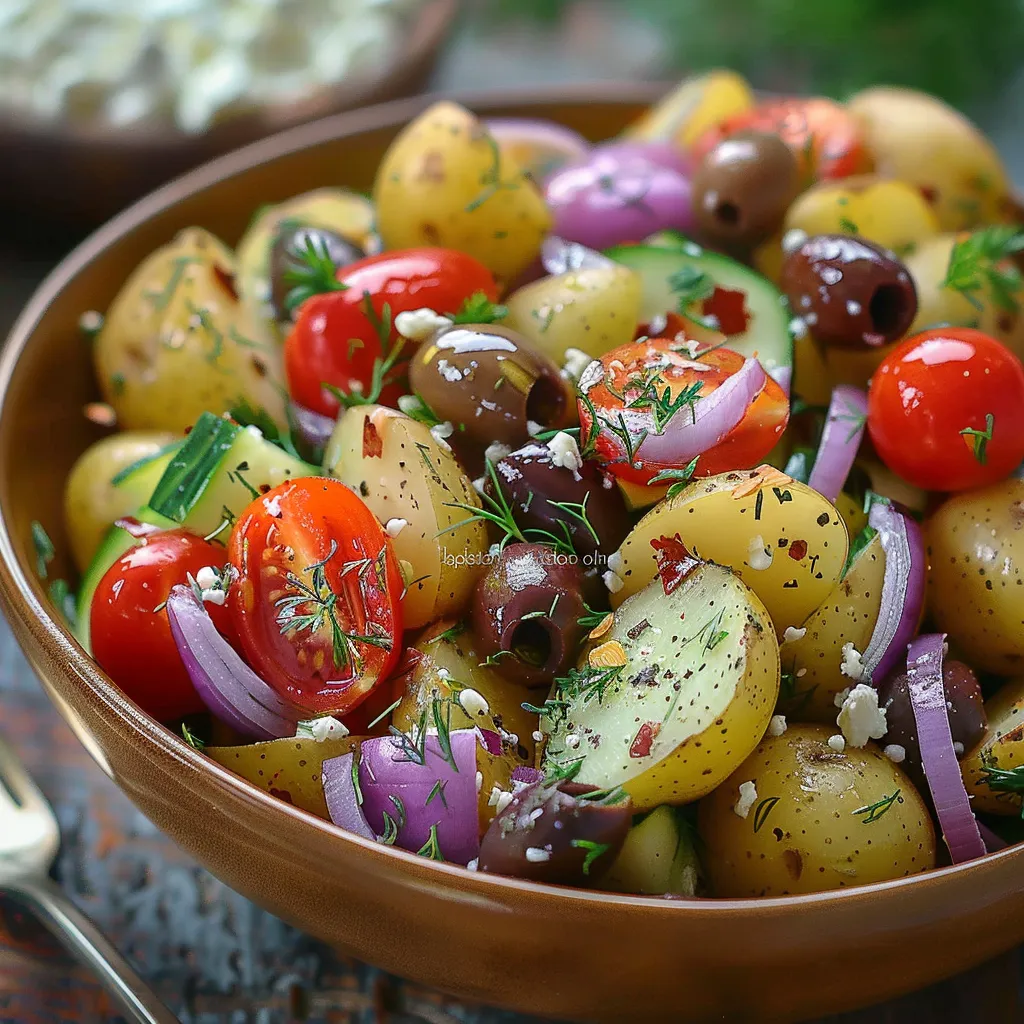 A bowl of vegetables including potatoes, tomatoes, cucumbers, and olives.
