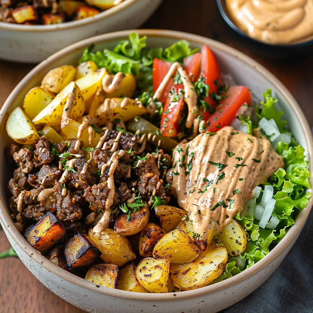 A bowl of food with a salad and meat.