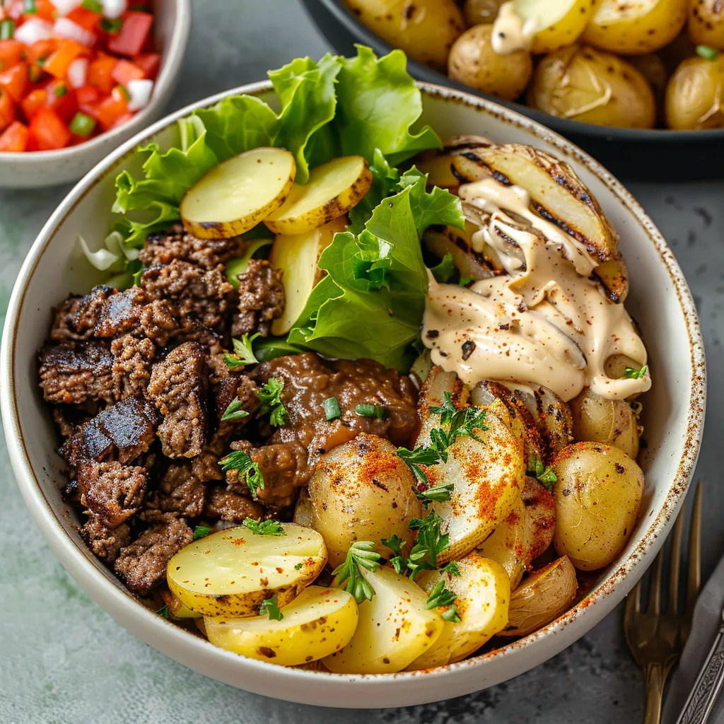 A bowl of food with meat, potatoes, lettuce, and tomatoes.