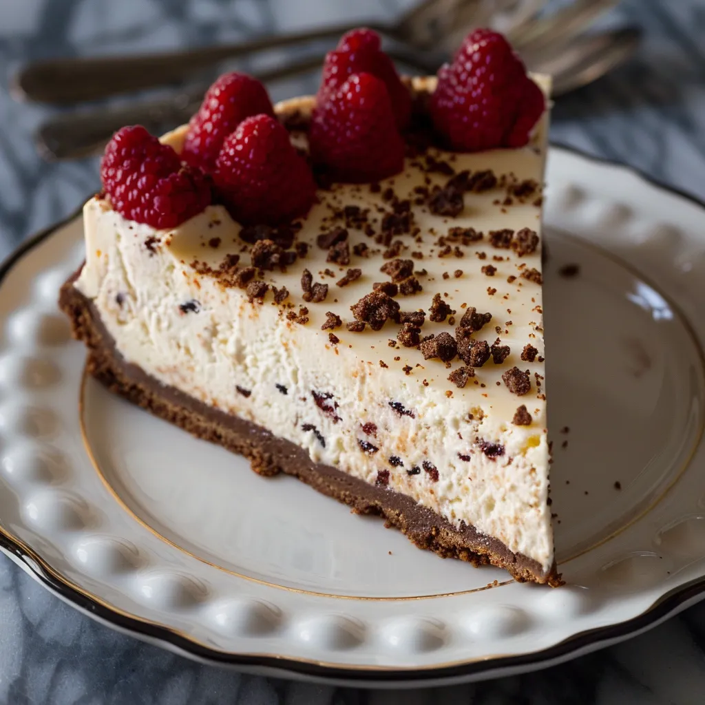 A slice of cheesecake with raspberries on top.