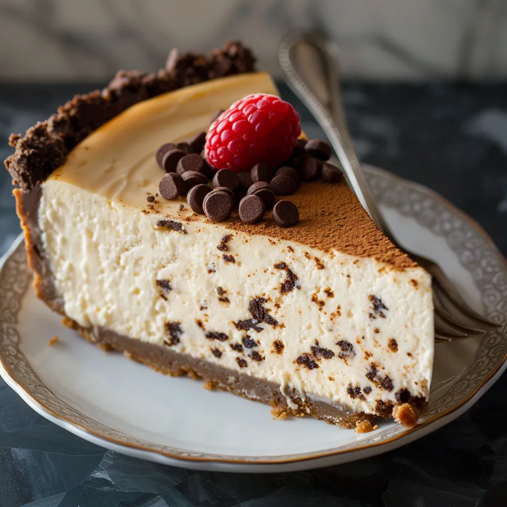 A slice of cheesecake with chocolate chips and a raspberry on top.