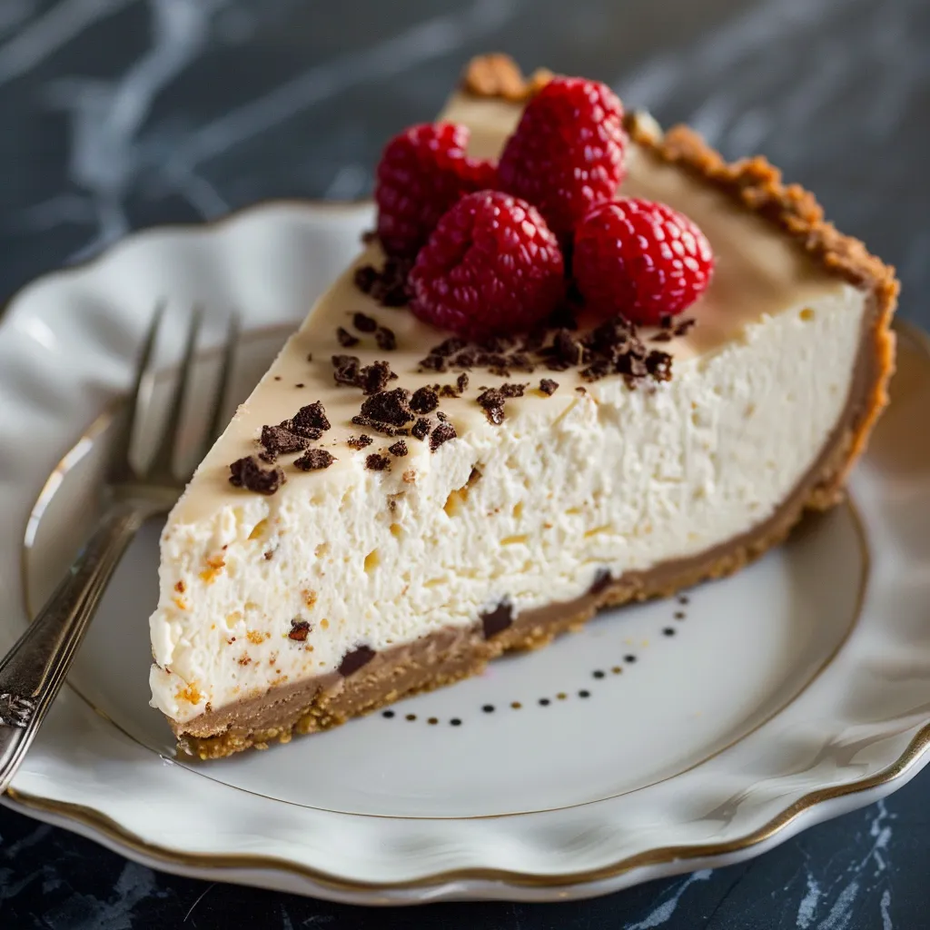 A slice of pie with raspberries on top.
