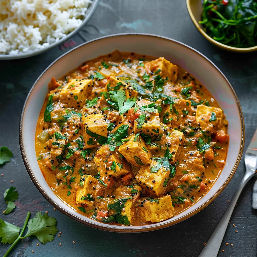 A bowl of curry with a spoon in it.
