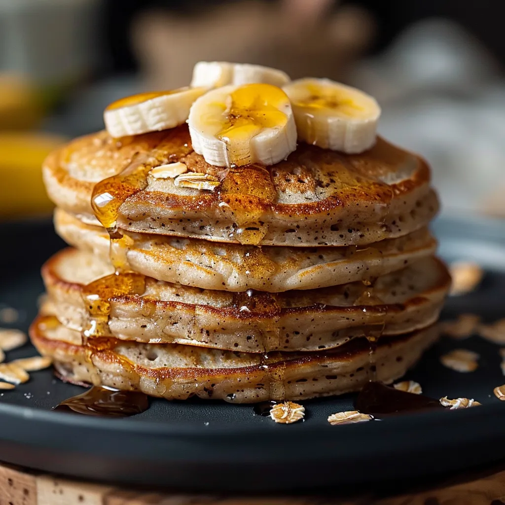 A stack of pancakes with bananas on top.