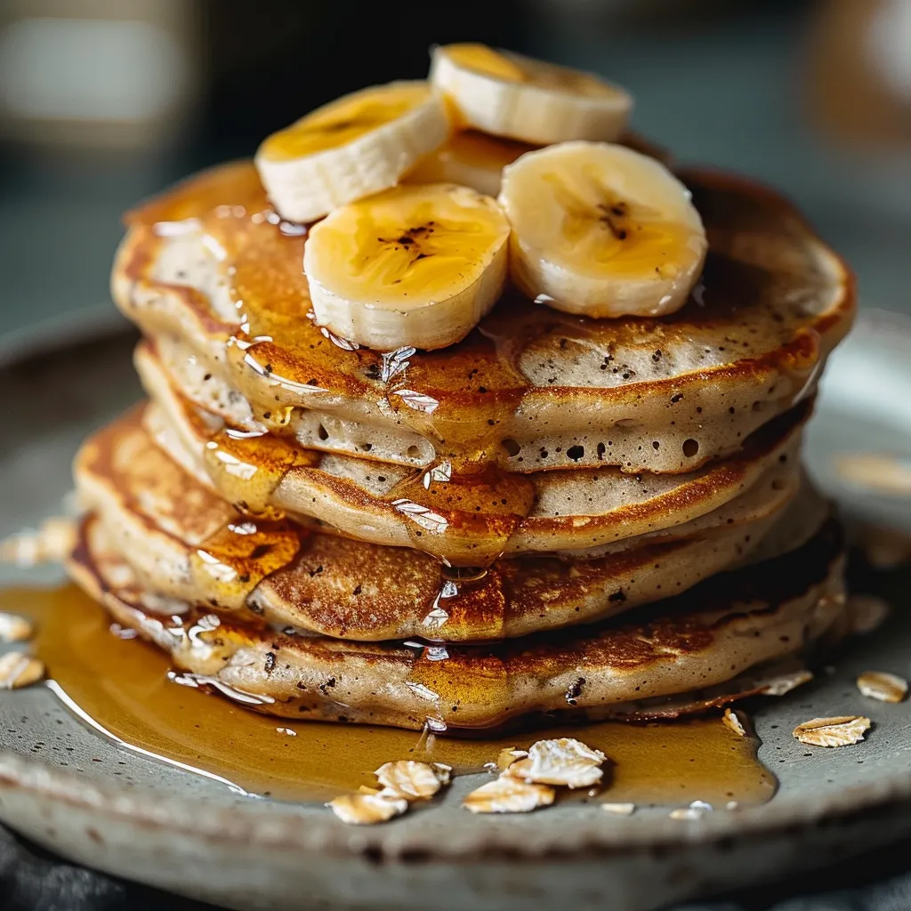 A stack of pancakes with bananas on top.