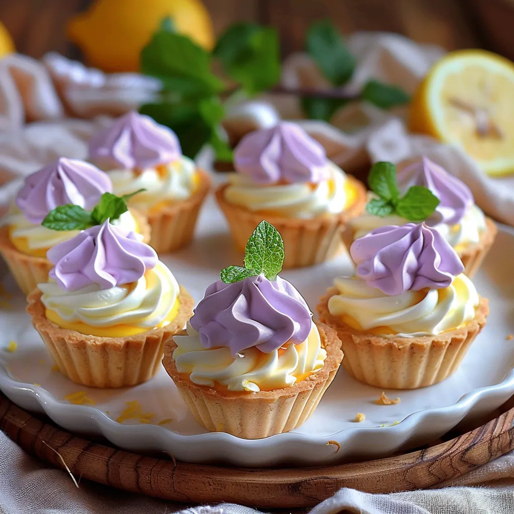 A plate of cupcakes with mint leaves on top.