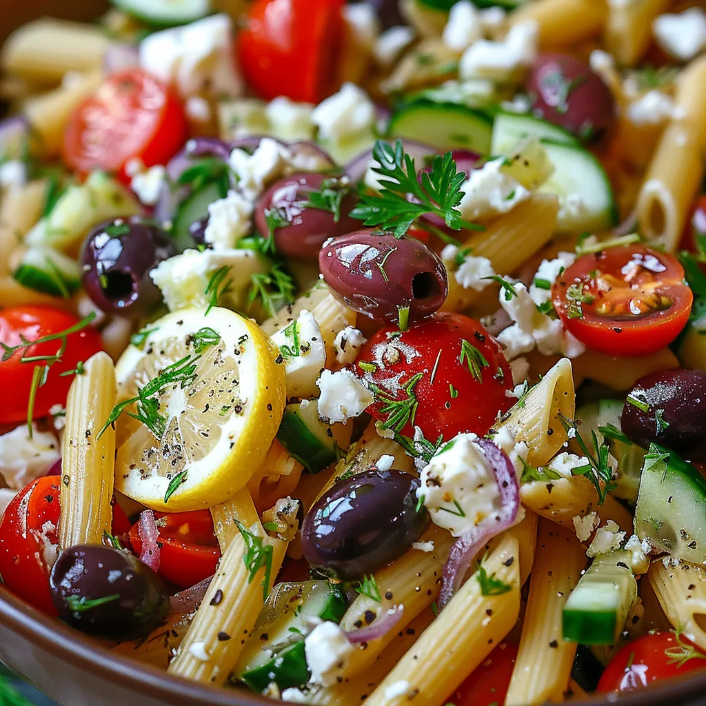 A bowl of pasta salad with tomatoes, cucumbers, olives, and feta cheese.