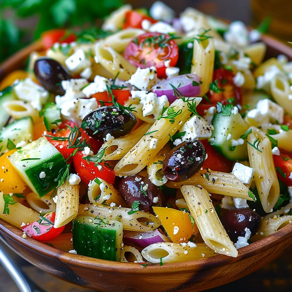 A bowl of pasta salad with vegetables.