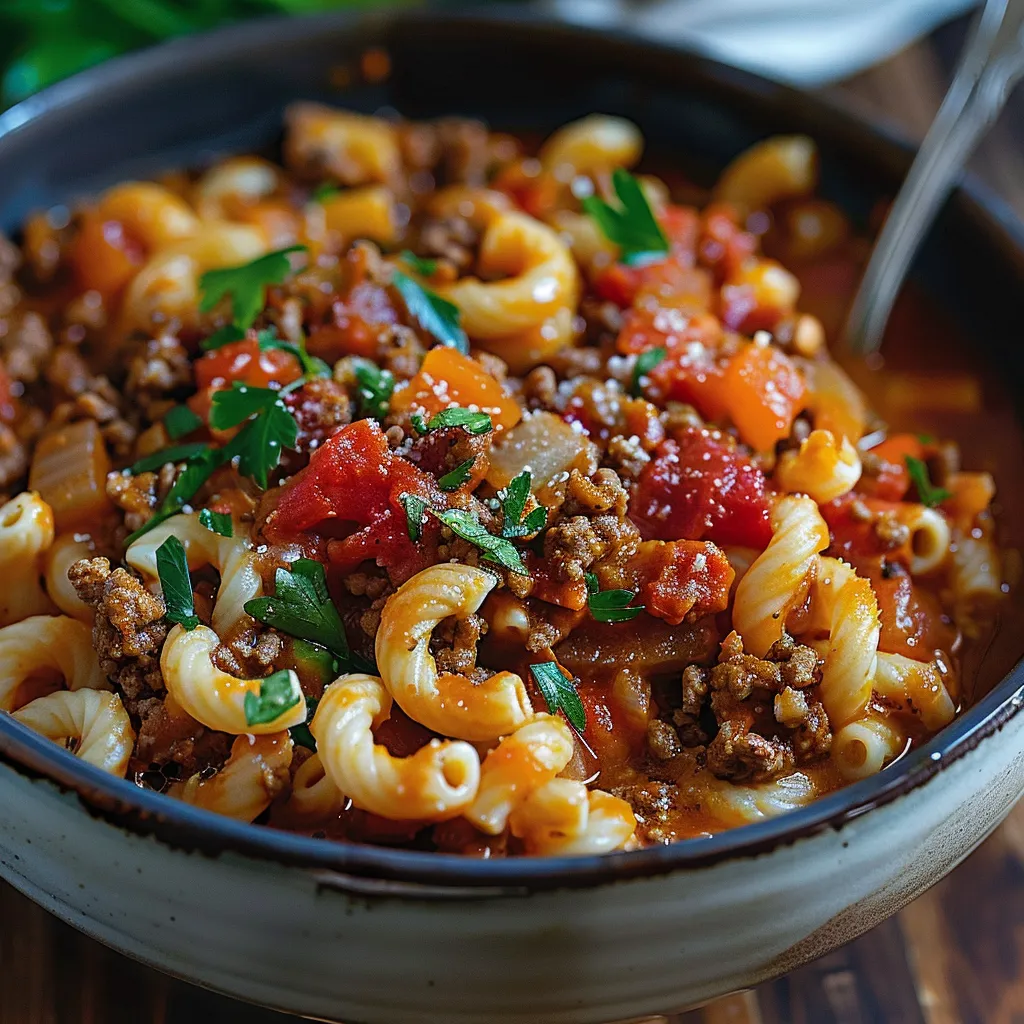 A bowl of pasta with meat and tomatoes.