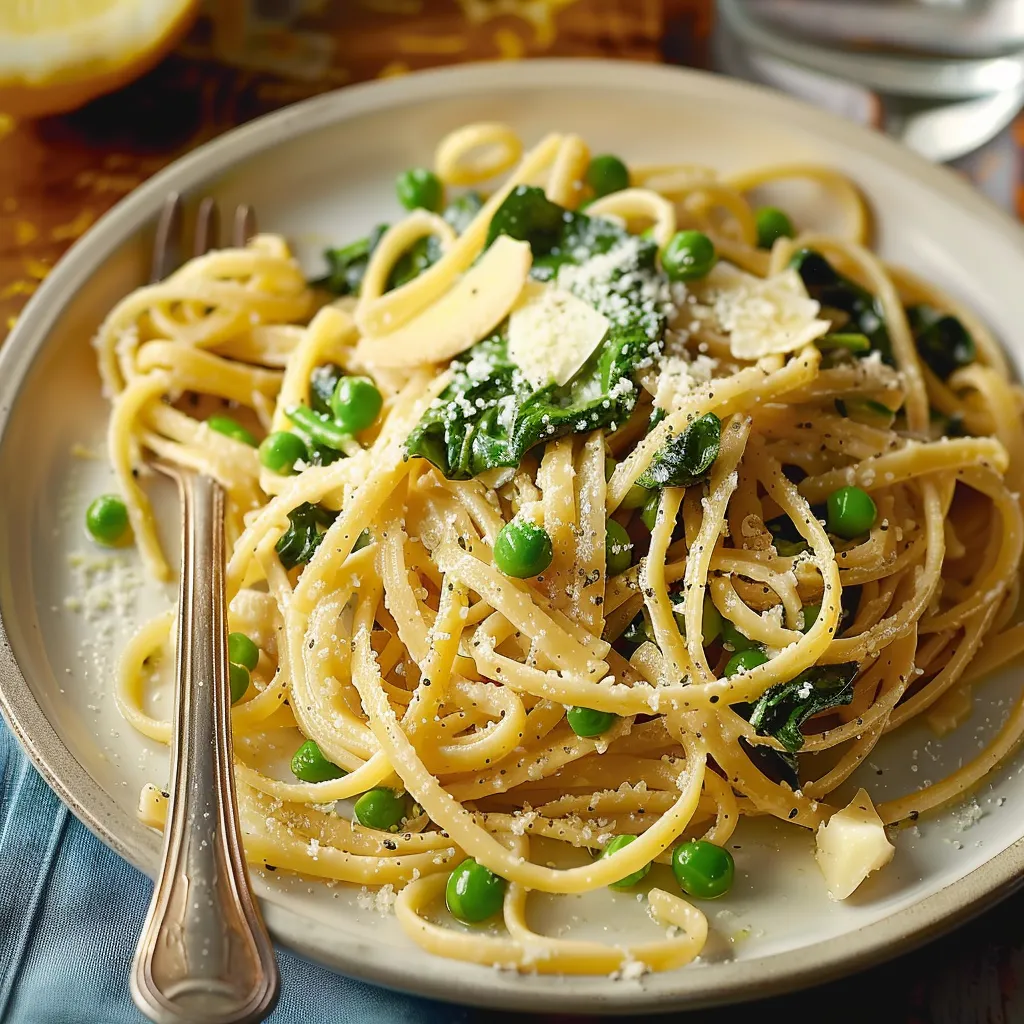 A plate of spaghetti with peas and cheese.
