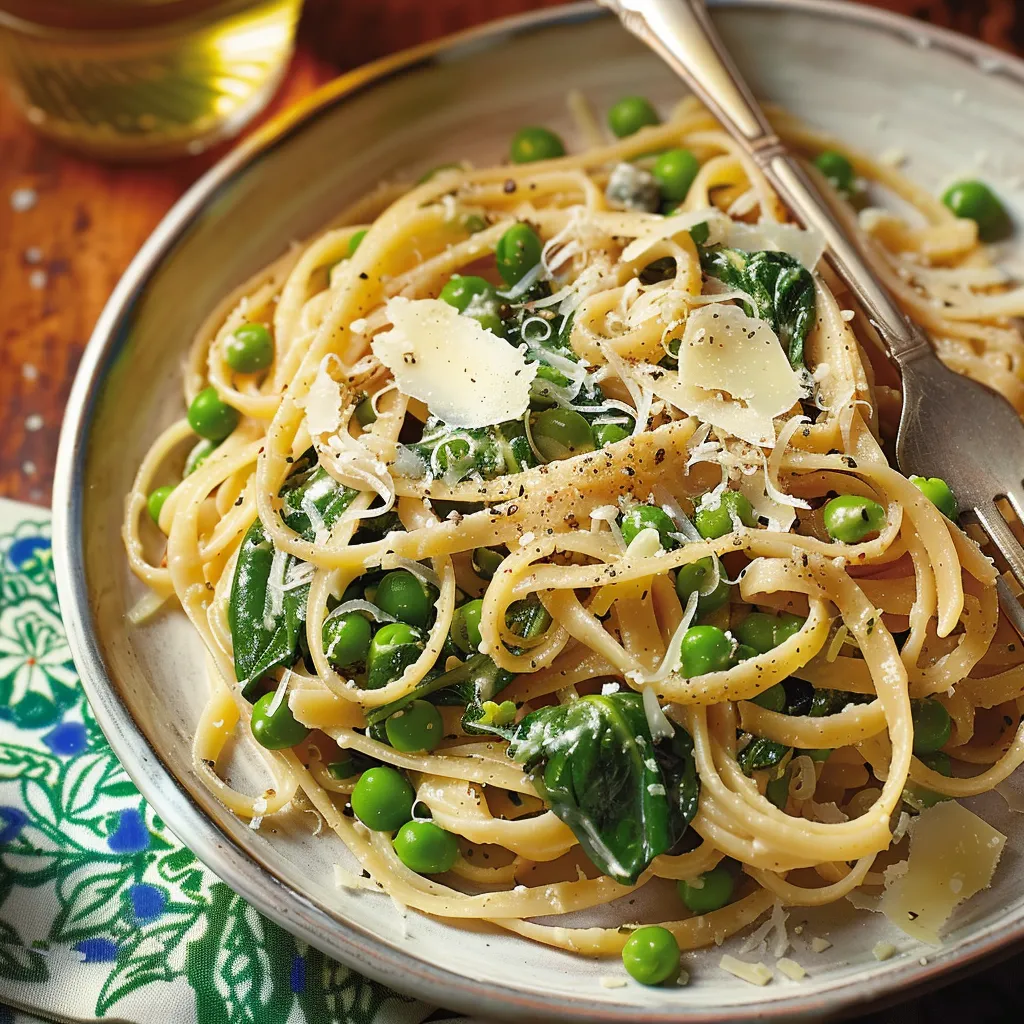 A plate of pasta with peas and cheese.