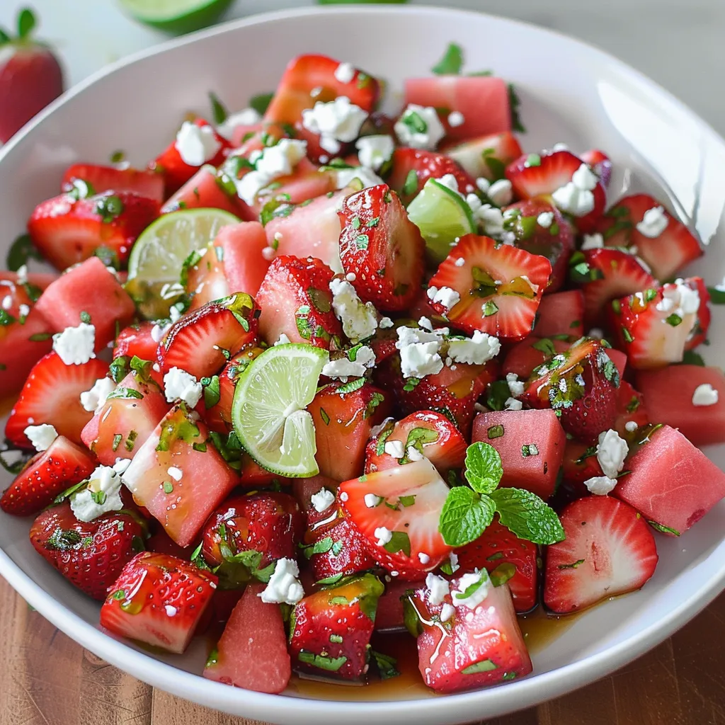 A bowl of fruit with strawberries and limes.