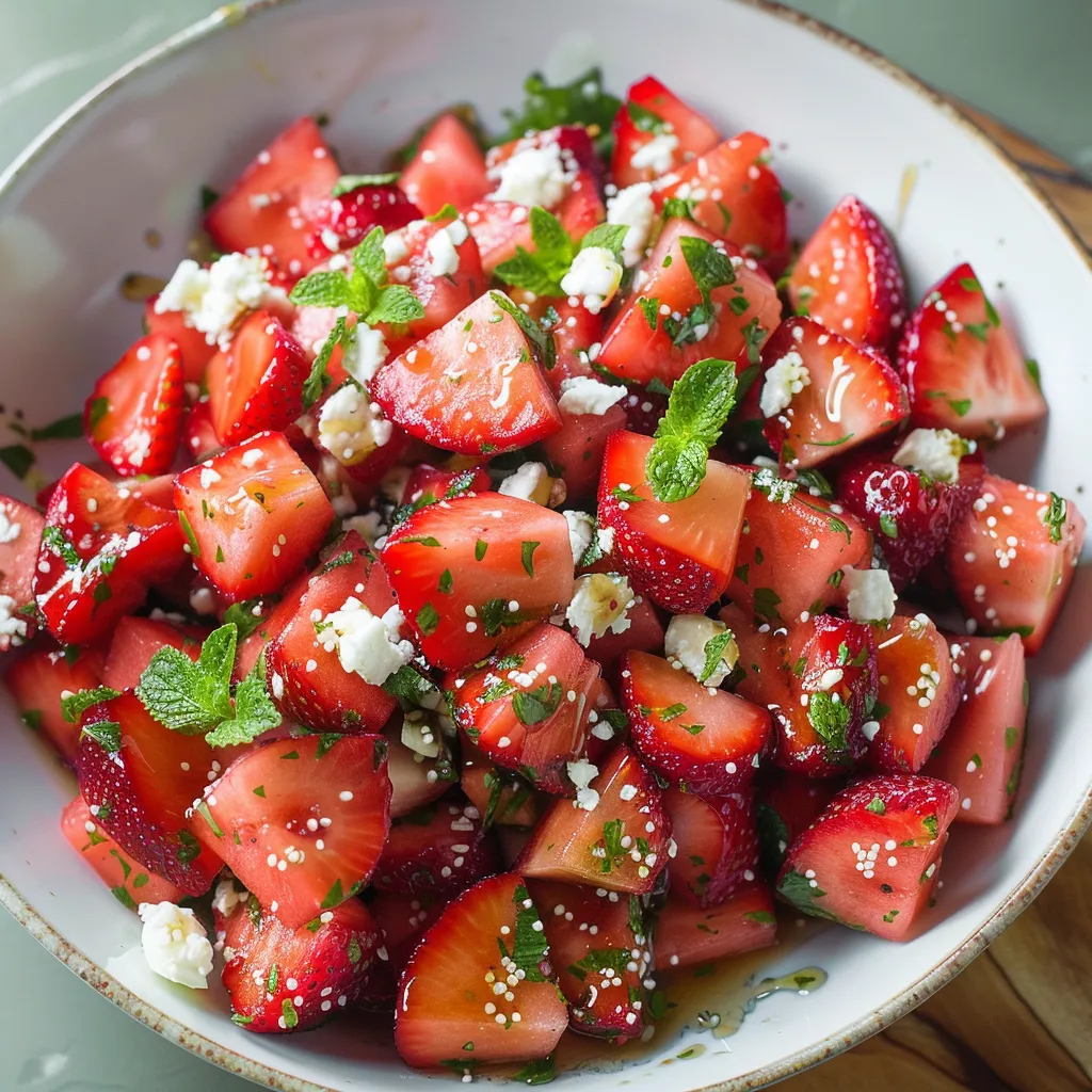 A bowl of strawberries with feta cheese.