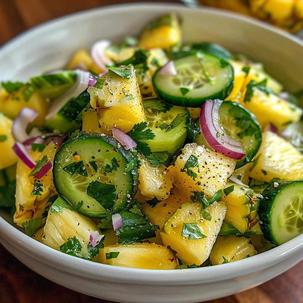 A bowl of sliced cucumbers and pineapple.