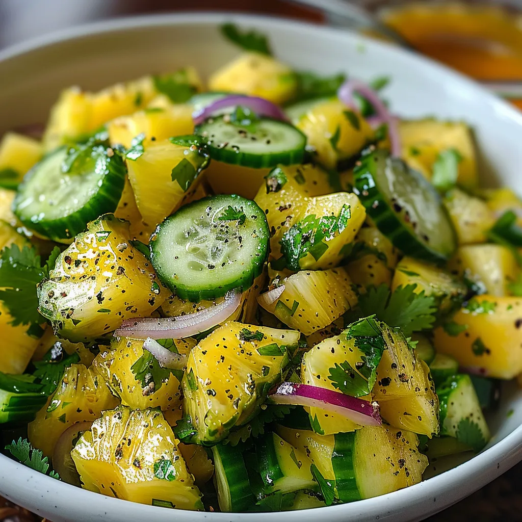 A bowl of fruit salad with cucumbers, onions, and pineapple.