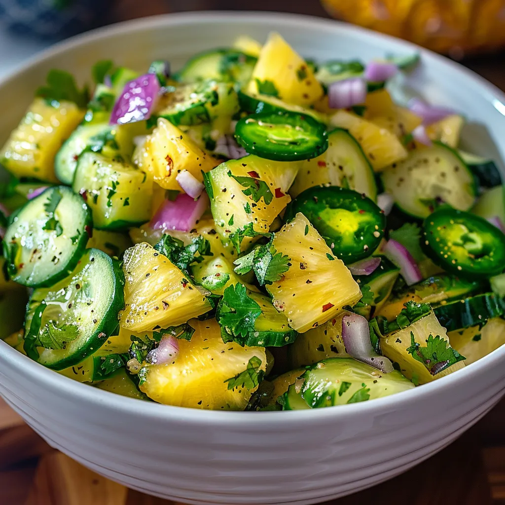 A white bowl filled with sliced cucumbers, onions, and pineapple.