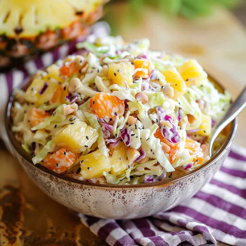 A bowl of coleslaw with pineapple.