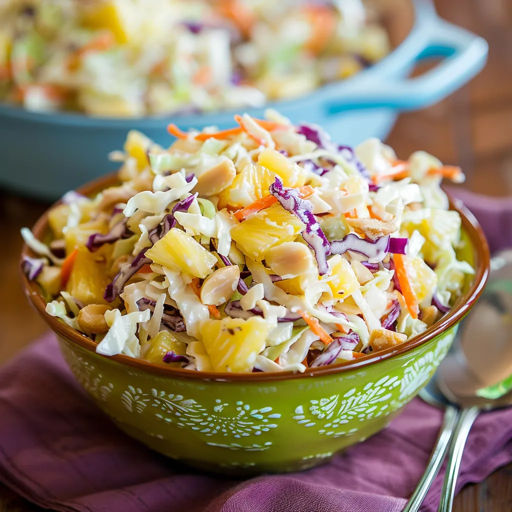 A bowl of coleslaw with a spoon in it.