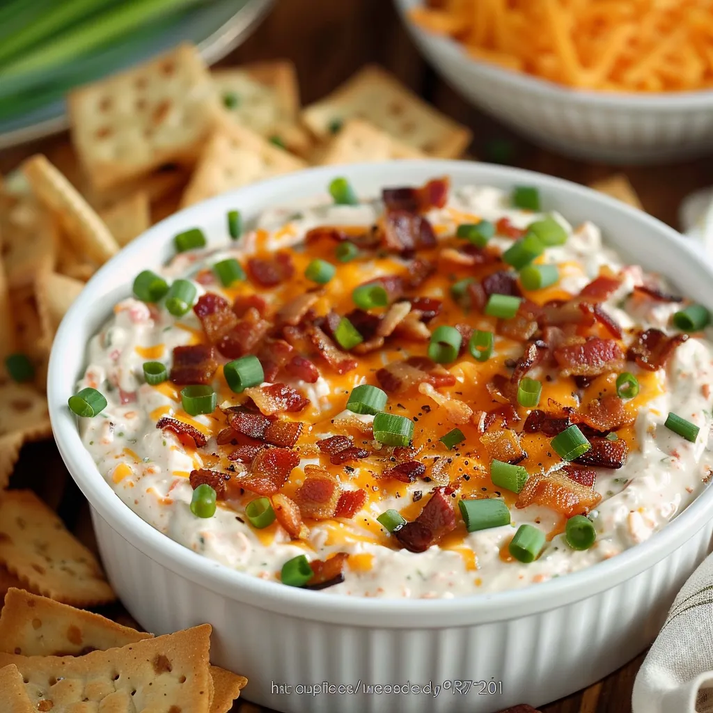A bowl of bacon and cheese dip with crackers on a table.