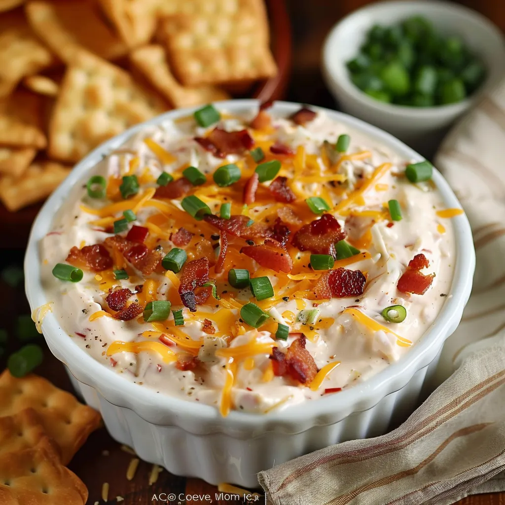 A bowl of bacon and cheese dip.