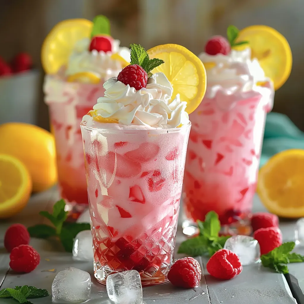 Three glasses of pink and yellow drinks with raspberries and lemon slices.